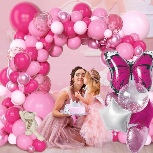 Foil Balloon Set, 6 Balloons with Butterfly Design, Pink, White, Polka Dot