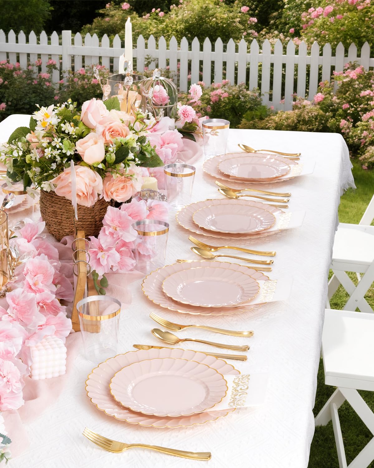YOUBET 100PCS Pink Scalloped Plastic Plates - Heavy Duty Gold Disposable Fancy Hard Plates Include 50 Dinner Plate, 50 Dessert Plate, for Wedding & Party Mothers Day