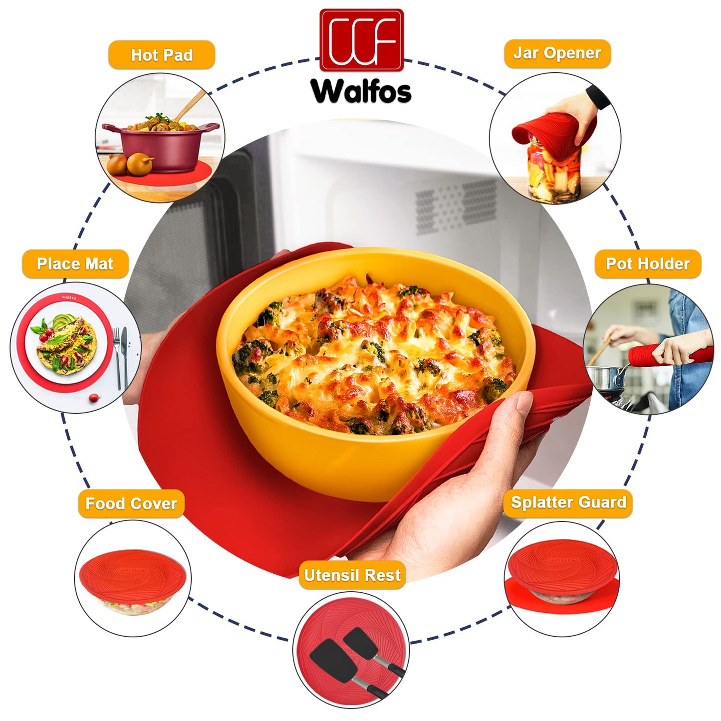 Walfos 12 10 Inch Silicone Microwave Mats, Microwave Splatter Cover for Food, Pot Holders for Kitchen, Non-Slip Heat Resistant Silicone Mats for Microwave, Oven, Hot Pan, Pot (Red)