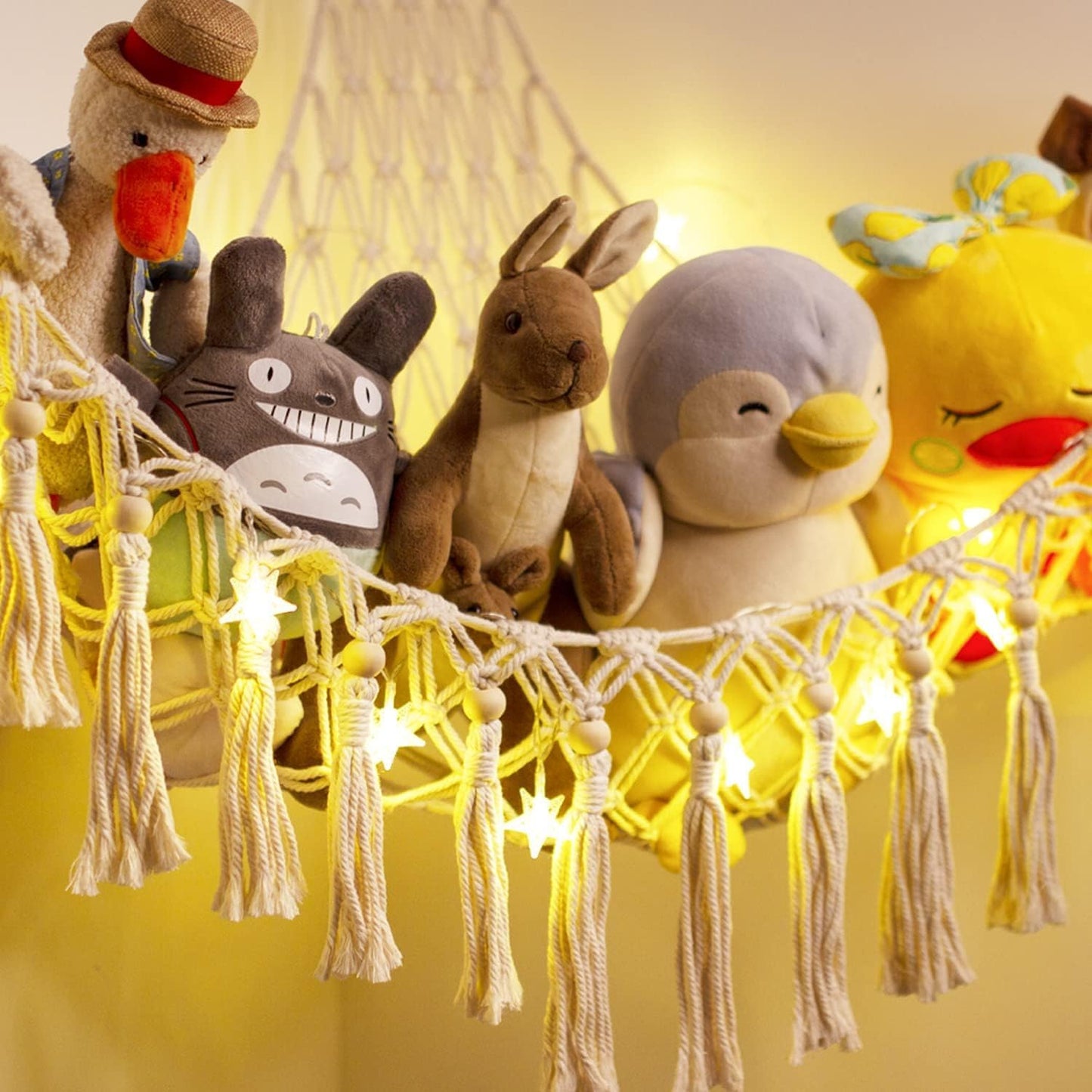 Skiennix Stuffed Animal Toy Storage Hammock with LED Light - Jumbo Macrame Plushie Organizer for Kids' Room Decor