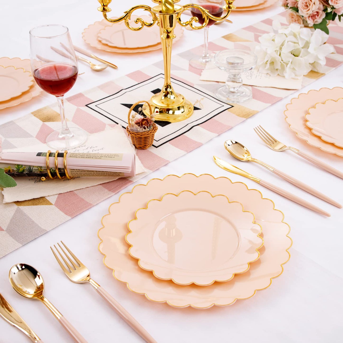 LIYH 60 Pcs Pink Plastic Plates with Gold Pink Plates Disposable Plate Includes 30 Dinner 10.25" and 30 Dessert Plate 7.5" for Baby Shower,Weddings,Parties,Birthday,Mothers Day