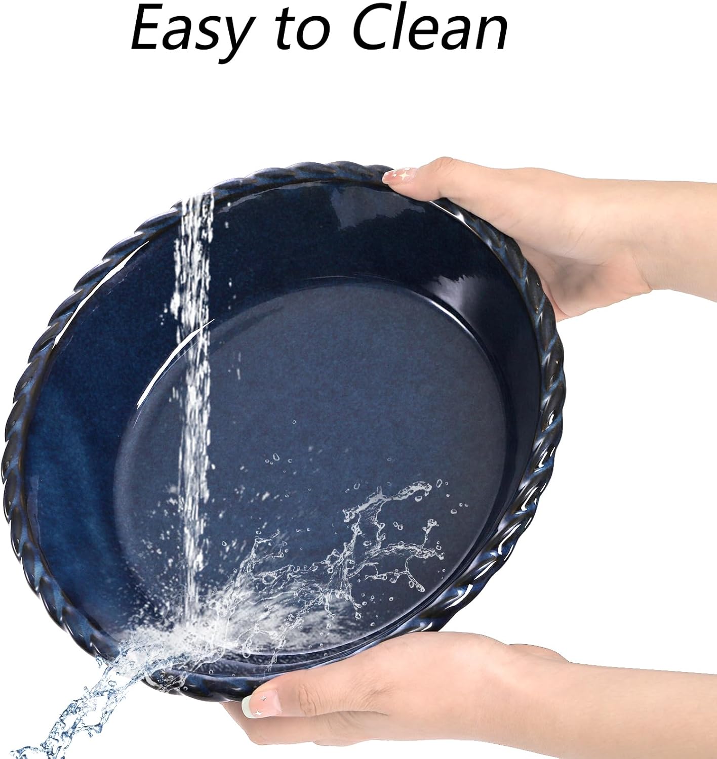 Peohud Ceramic Pie Pans - 10 Inch Deep Fluted Baking Dish | 54 Ounce for Quiche & Pies - Blue
