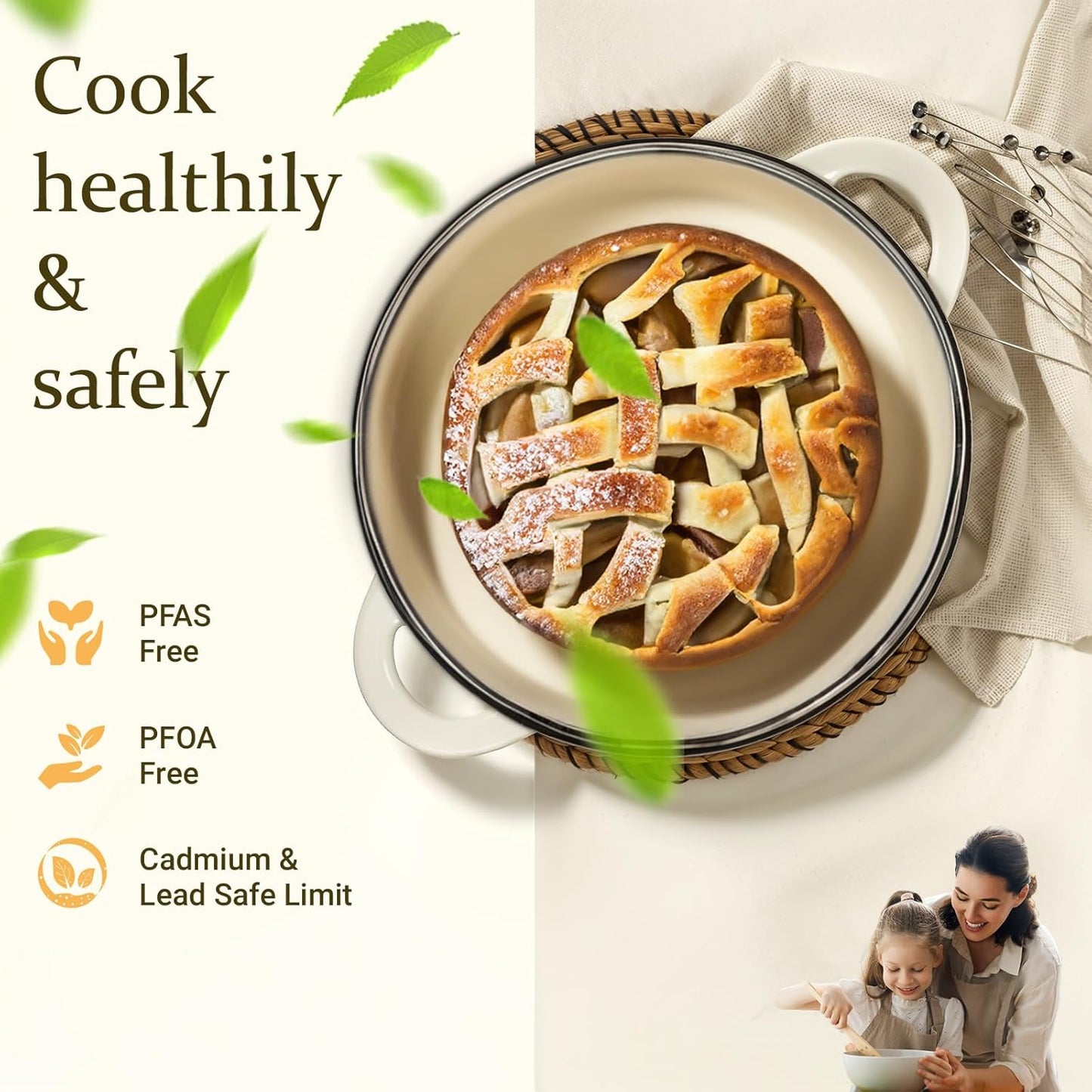 Overmont Enameled Cast Iron Dutch Oven - 7QT Heavy-Duty Pot with Lid & Potholders | Cream White for Braising, Stews, Roasting