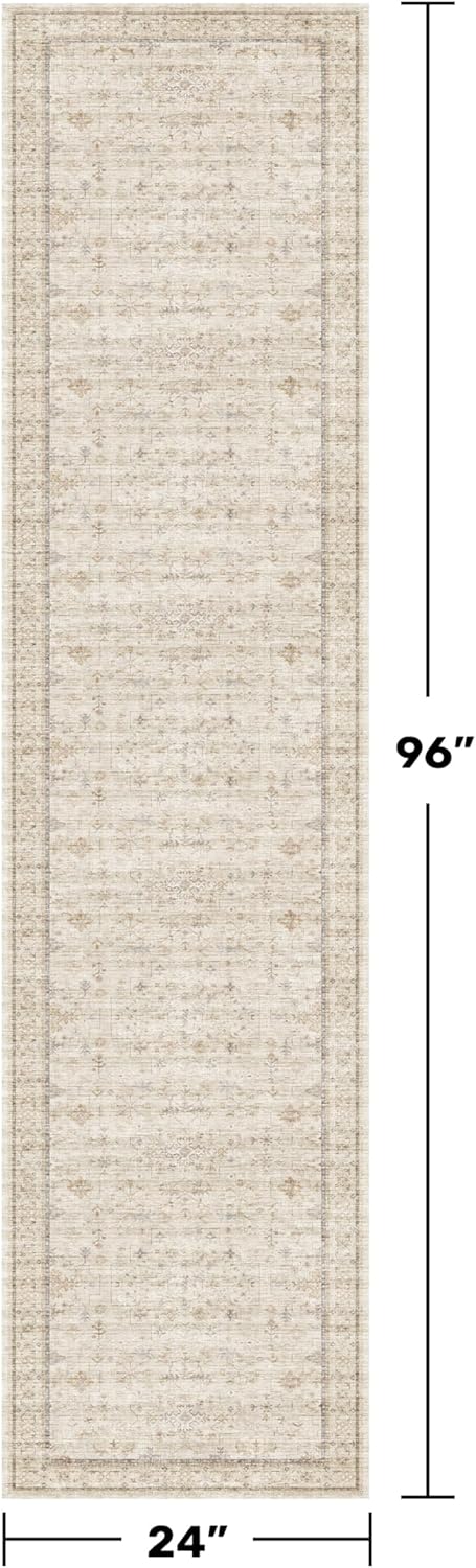 Regine Switzerland Washable 2x8 Runner Rug - Non-Slip, Stain Resistant, Vintage Beige Geometric Floral Design for Hallway & Kitchen