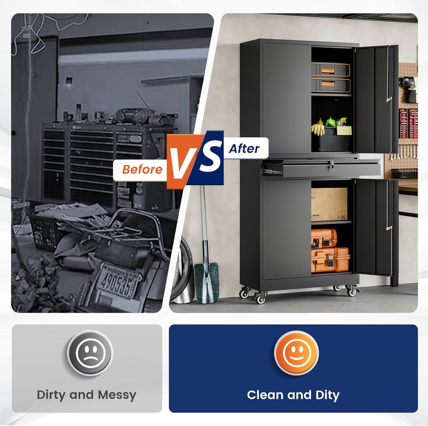 Yizosh Metal Garage Storage Cabinet - Locking Doors, Adjustable Shelves & Rolling Design | 73" Black