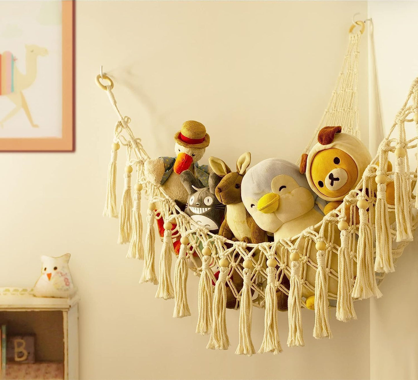 Skiennix Stuffed Animal Toy Storage Hammock with LED Light - Jumbo Macrame Plushie Organizer for Kids' Room Decor