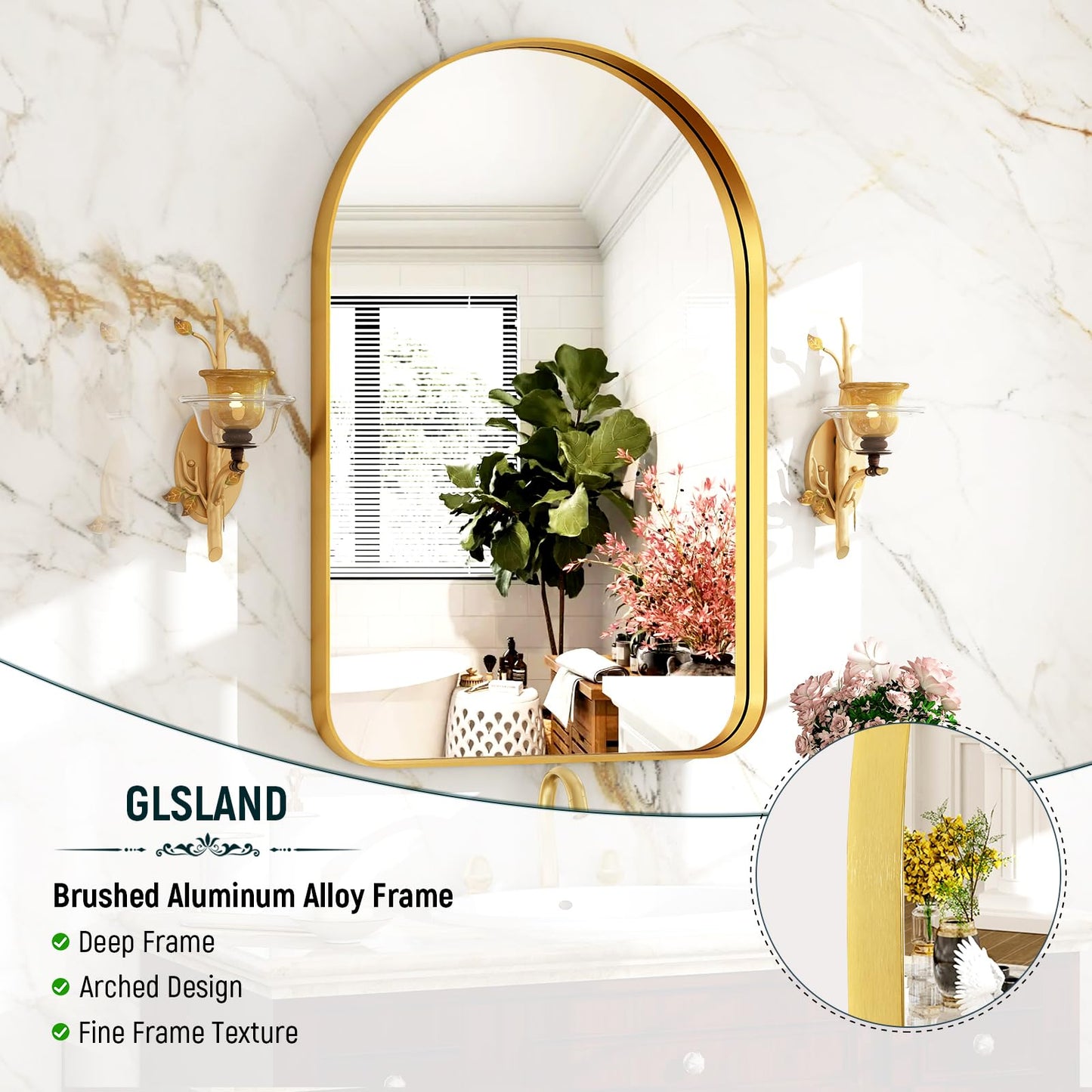 GLSLAND 24”x36“ Gold Arched Bathroom Mirror - Aluminum Alloy Framed Mirrors for Wall- Arch Wall Mirror, Brush Gold Bathroom Mirror for Bedroom