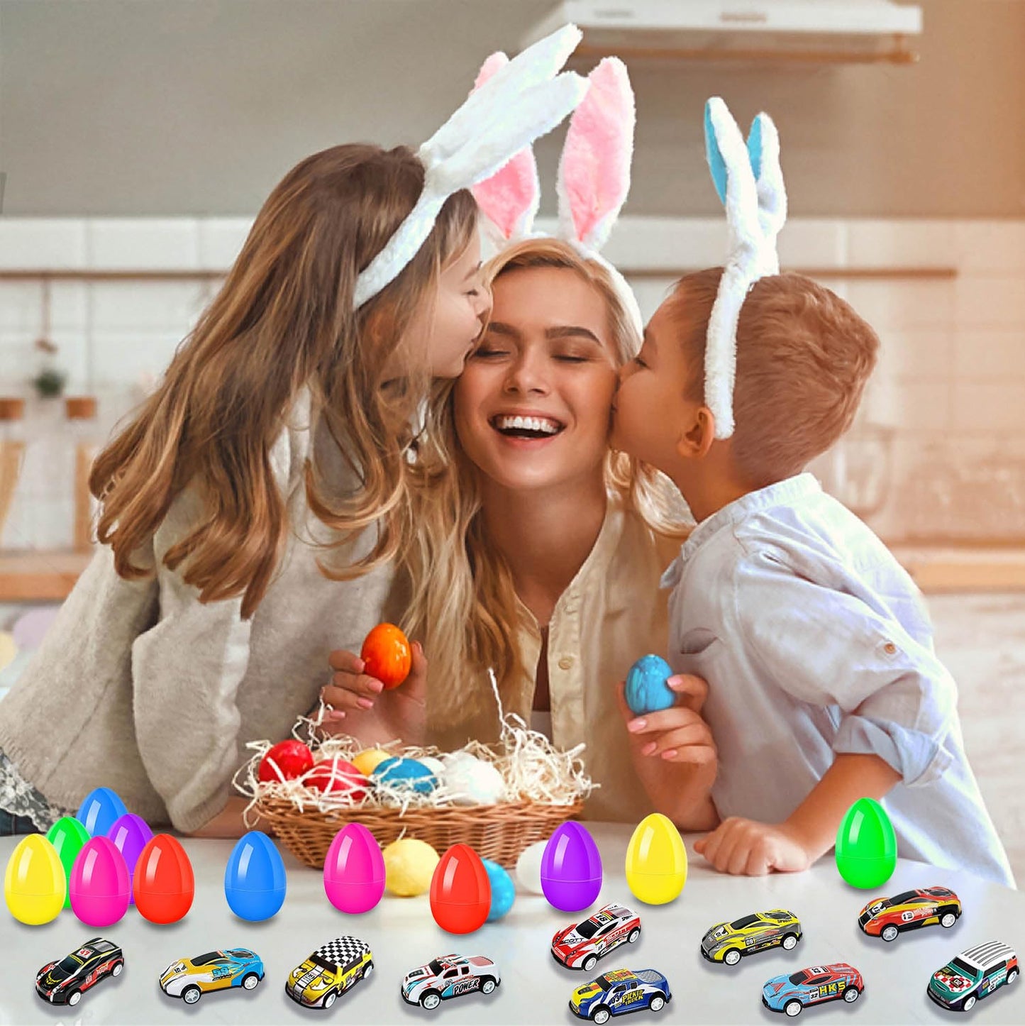 UPINLOOK 12 Pack Prefilled Easter Eggs Filled with Cars, Colorful Plastic Filled Easter Eggs with Toys Inside for Kids Easter Egg Hunt, Easter Basket Stuffers, Easter Party Favor Supplies