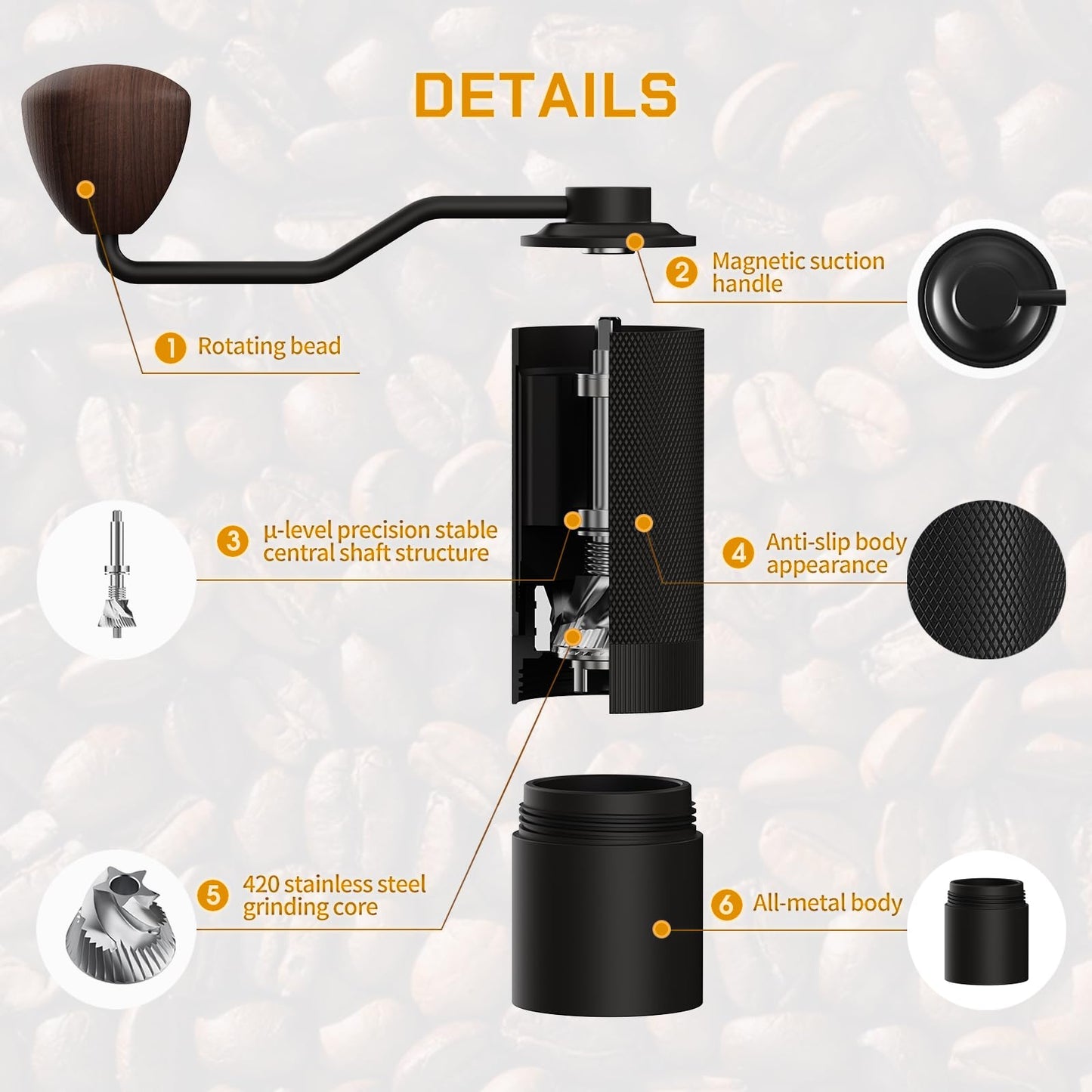 MAVO Manual Coffee Grinder, Wizard Hand Coffee Grinder, Capacity 25g with CNC Stainless Steel Pentagon Conical Burr, Adjustable Setting, Burr Coffee Bean Grinder for French Press, Pour Over, Silver