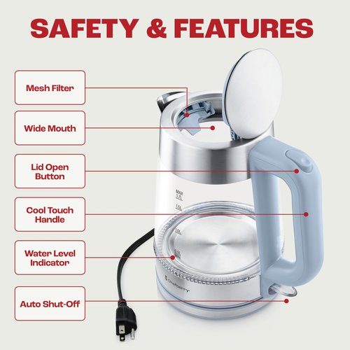 Electric Kettle for Boiling Hot Tea & Water | 1.7L Stainless Steel Borosilicate Glass Boiler With No Plastic, Automatic Shutoff, BPA Free, Fast Heating Technology (Blue)