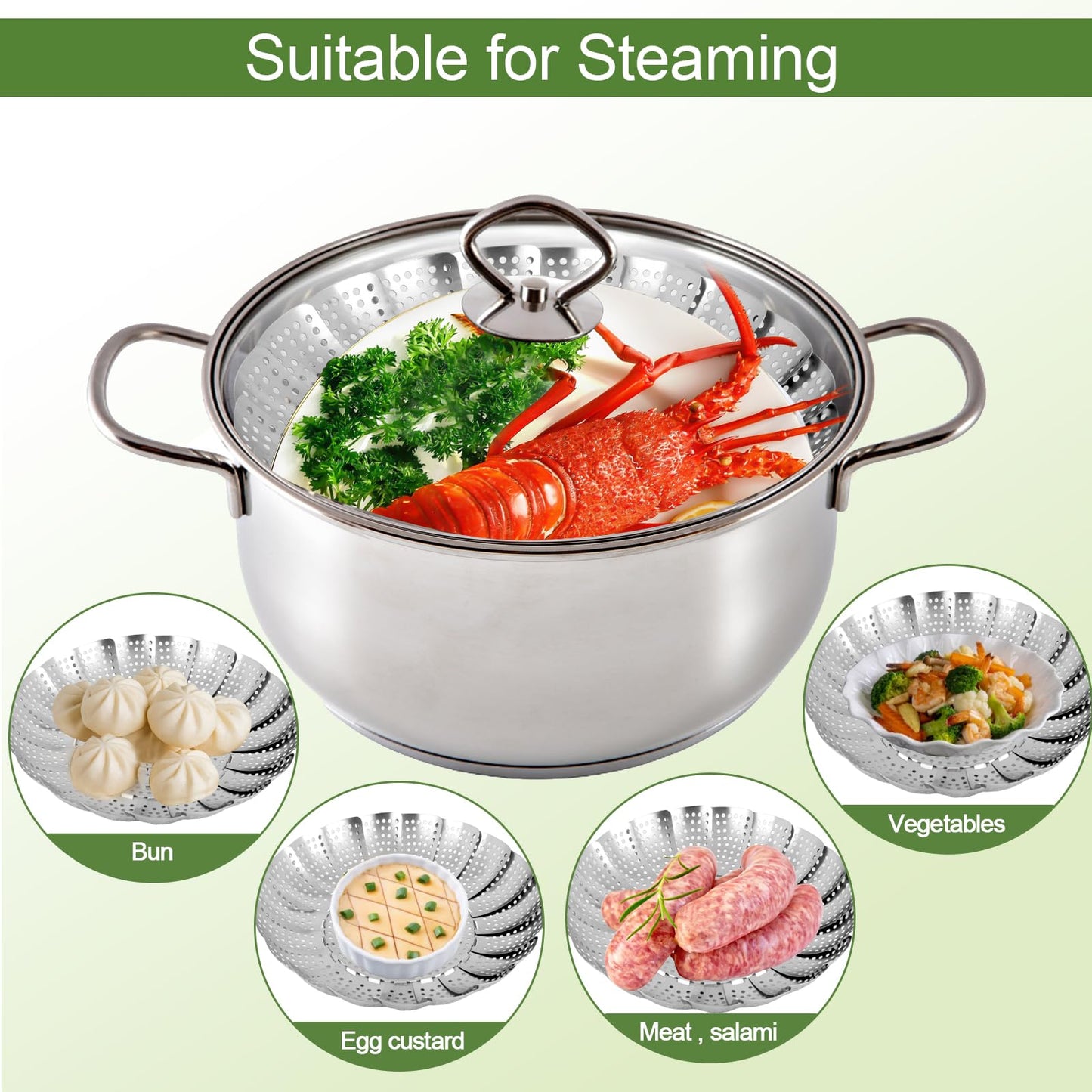 Steamer Basket for Cooking – Premium 304 Stainless Steel Steamer Basket, 3rd Gen Folding Expandable Steamers, Suitable for Cookware Pot, Fit for Fish Vegetables Pasta Eggs (Small (5.5“ to 9.05”))