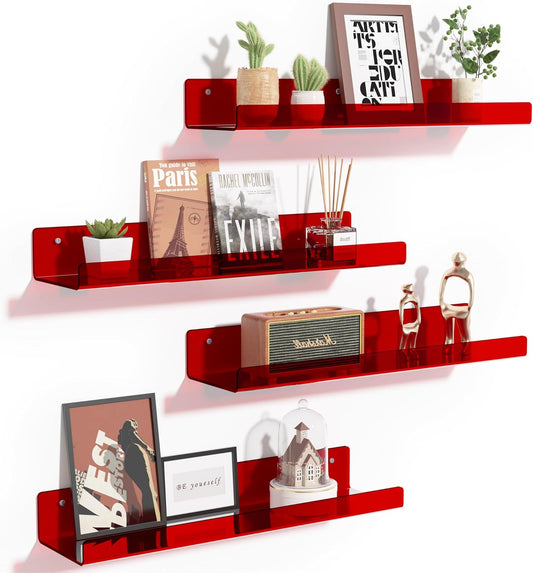 Upsimples Acrylic Wall Shelves - 15" Clear Floating Display Shelf Set for Perfume & Books | 4 Pack