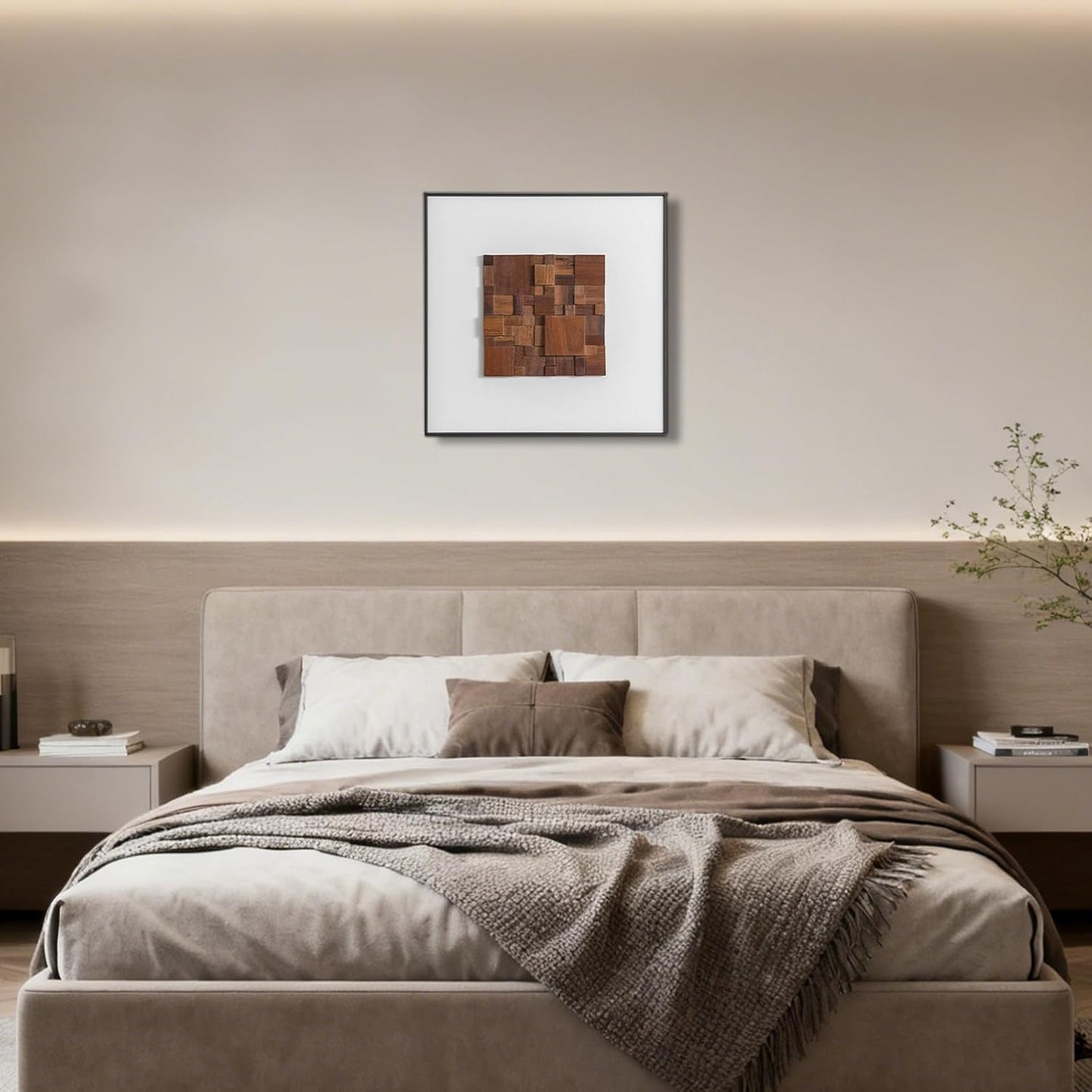 Regine Switzerland 3D Wood Textured Large Framed Abstract Wall Art - Modern Geometric Design, 24”H x 24”W, Brown for Living Room & Office Decor