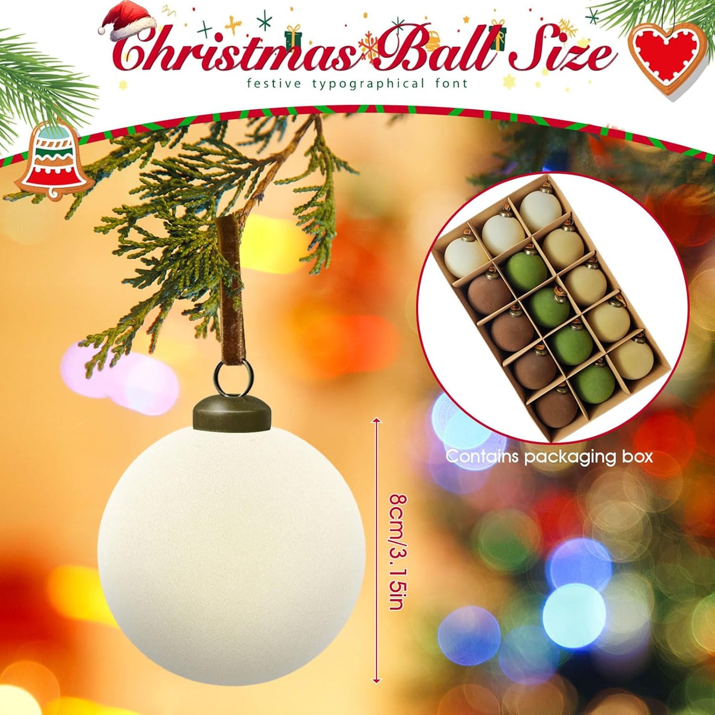 Skiennix Velvet Christmas Balls - 15 Pcs Shatterproof Ornaments | 3.15" Cream White Flocked Decor