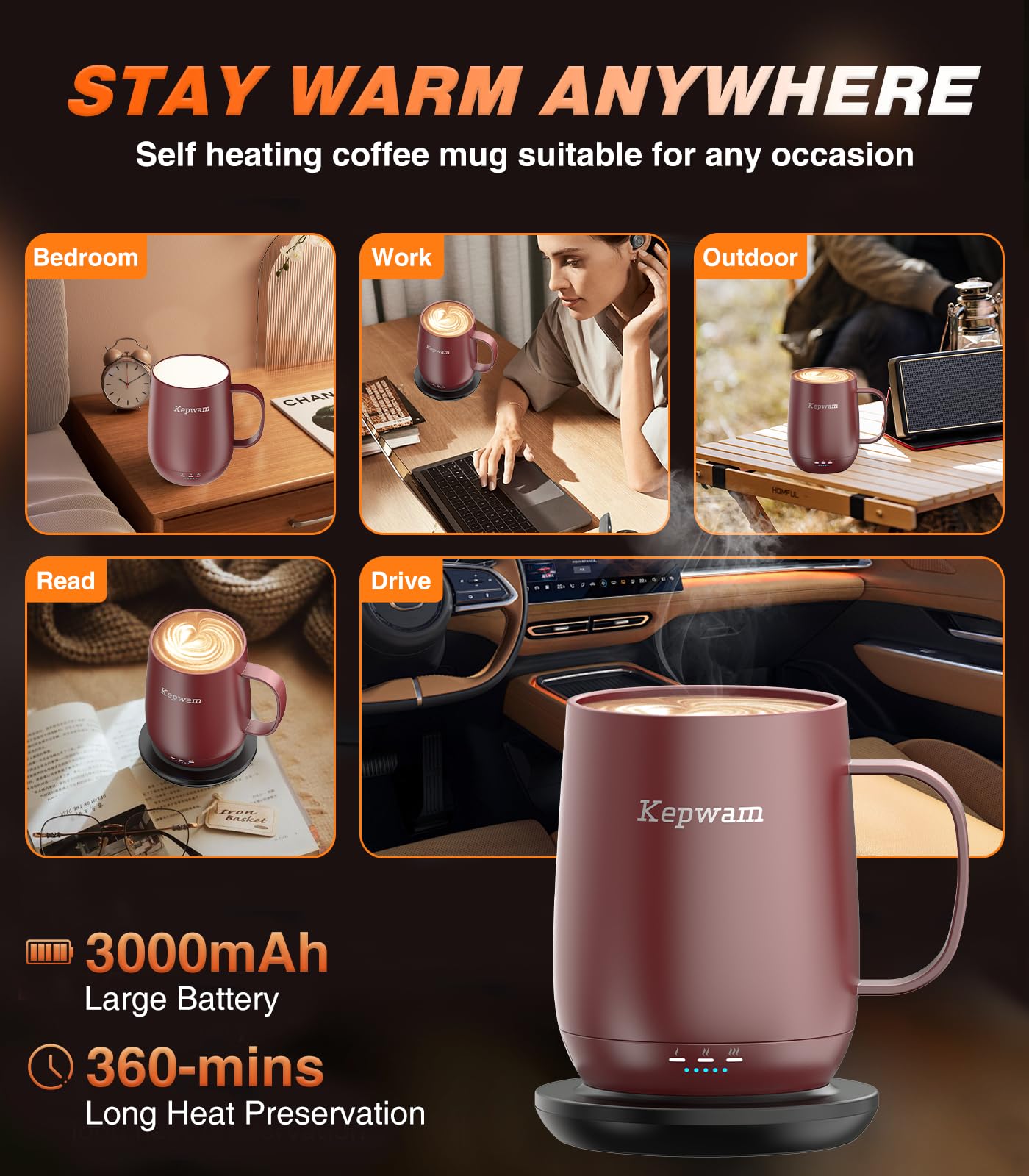 Kepwam Self Heating Coffee Mug T2, 16oz Smart Heated Coffee Mug, 150 Min Battery Life - Hot up to 149℉ Temperature Control Coffee Mug Warmer, Gifts for Dad Mom (No APP)
