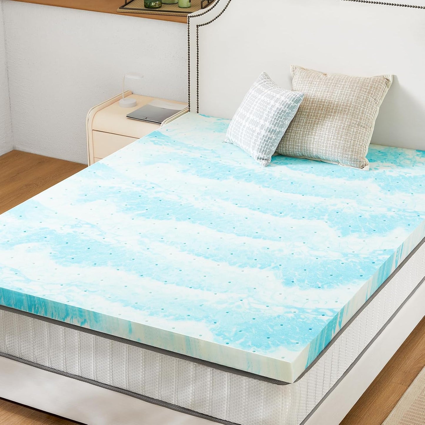 Sweetcrispy Memory Foam Mattress Topper - 3 Inch Thick Gel-Infused Cooling Pad for Queen Size Bed | CertiPUR-US Certified, Ventilated, Blue