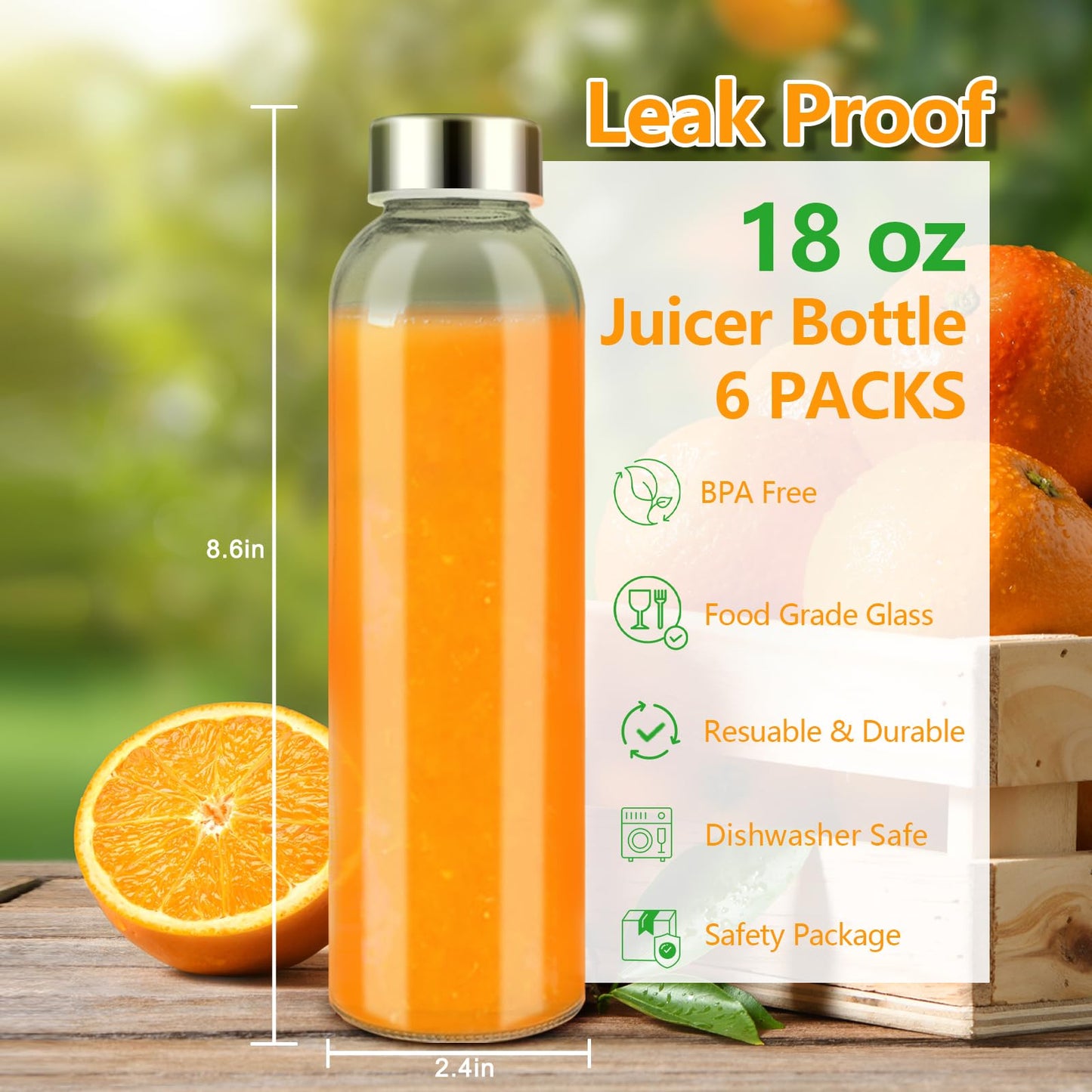 Zukro Glass Juice Bottles with Lids for Juicing 18 oz, Reusable Clear Glass Water Bottles with Stainless Steel Airtight Cap for Refrigerator, 100% Leak Proof Drinking Jar, BPA Free, Set of 6