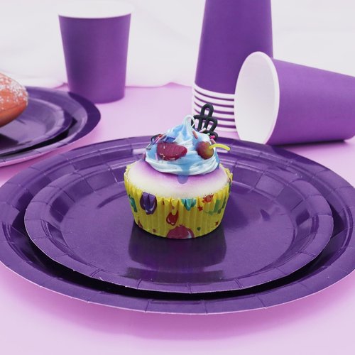 Gudvilla Purple Paper Plates Party Supplies,168pcs Purple Plates and Cups and Napkins Set for Mardi Gras Birthday Decorations Disposable Dinnerware Sets for Women Serve 24