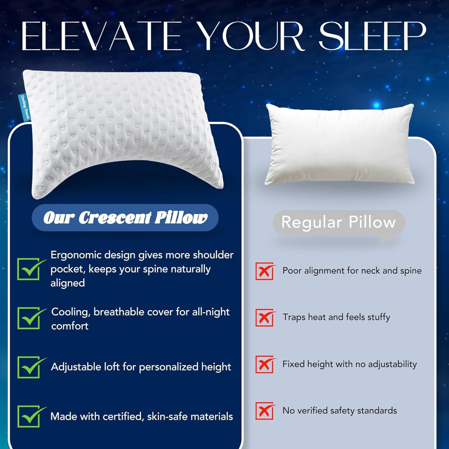 Skiennix Side Sleeper Pillow - Ergonomic Curved Design with Adjustable Memory Foam & Cooling Cover, Queen Size