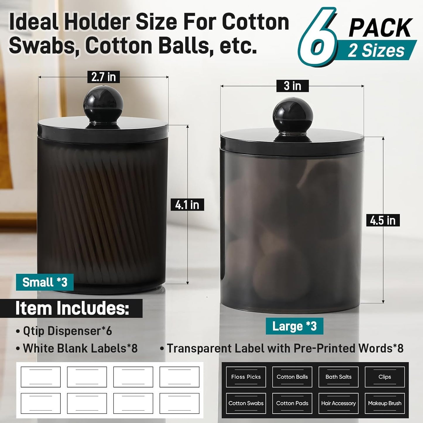 Skiennix Acrylic Qtip Holder Dispenser - 6 Pack Clear Canisters for Cotton Swabs & Makeup Storage