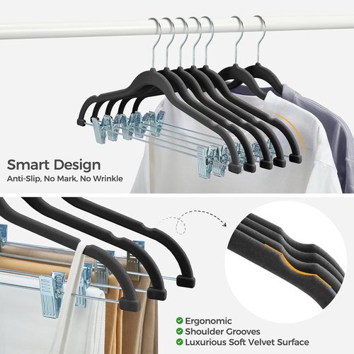 HOUSE DAY Velvet Hangers - Heavy Duty Non-Slip Suit Organizer with Adjustable Clips | 10-Pack (Black)