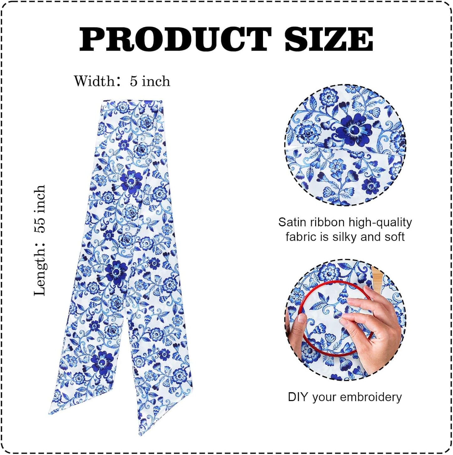 Skiennix Wreath Sash - Blue Floral Chinoiserie Decor | 55x5 Inch Ribbon for Indoor/Outdoor Use