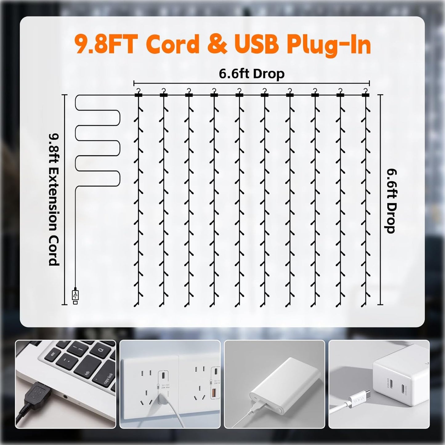 Skiennix 200LED Fairy Curtain String Lights - 6.6x6.6ft White Indoor Decor | 8 Modes Remote Control