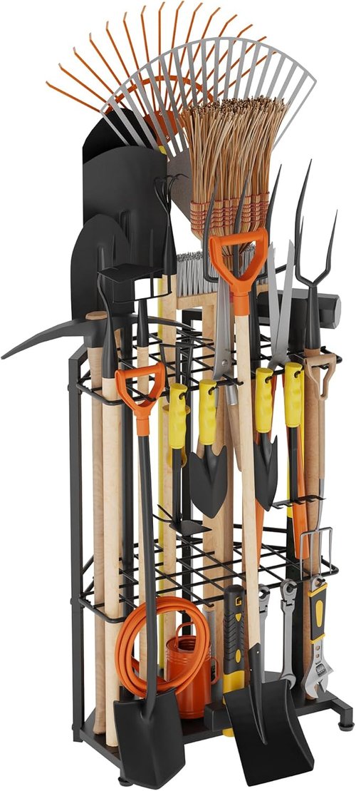 Garden Tool Organizer | Skiennix Heavy Duty Metal Rack with 34 Compartments & 14 Hooks for Efficient Storage