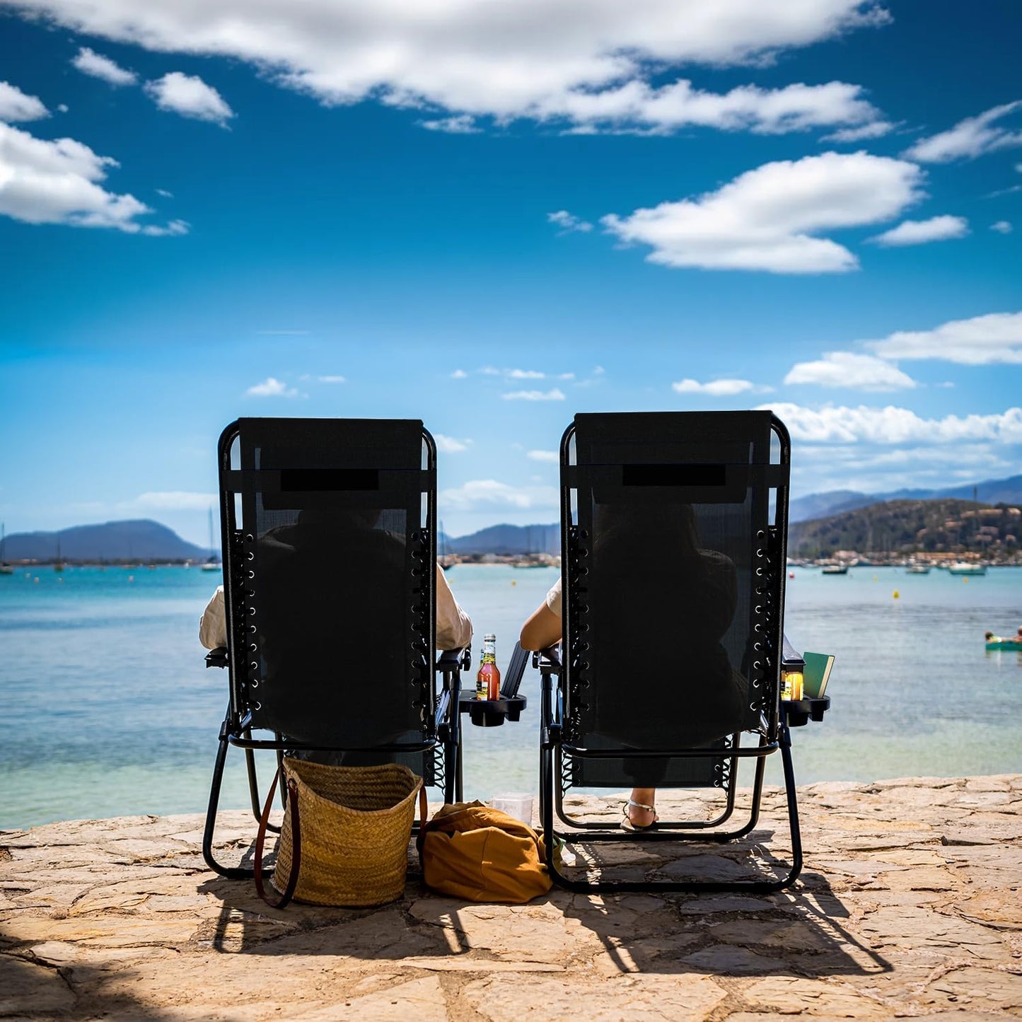 Nestl Zero Gravity Chairs - Set of 2 Adjustable Outdoor Lounge Chairs with Pillows & Cup Holder - Black