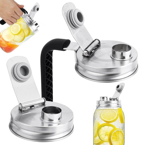 2pcs Mason Jar Spout Lids, Stainless Steel Ball Wide Jar Sip Lids Regular Mouth Leakproof Easy-Pour Pitcher Flip Cap Handle for Drinks Fruit Storage Brewing Accessories Supplies (Style 2)