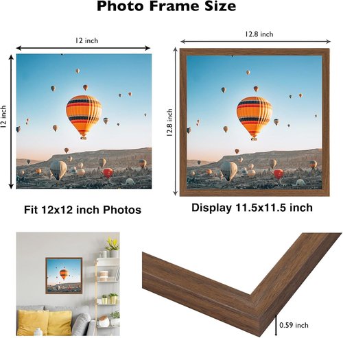 JCJMY 12x12 Inch Picture Frame - Versatile Horizontal & Vertical Wall Hanging | Shatter-Resistant Plexiglass, Brown