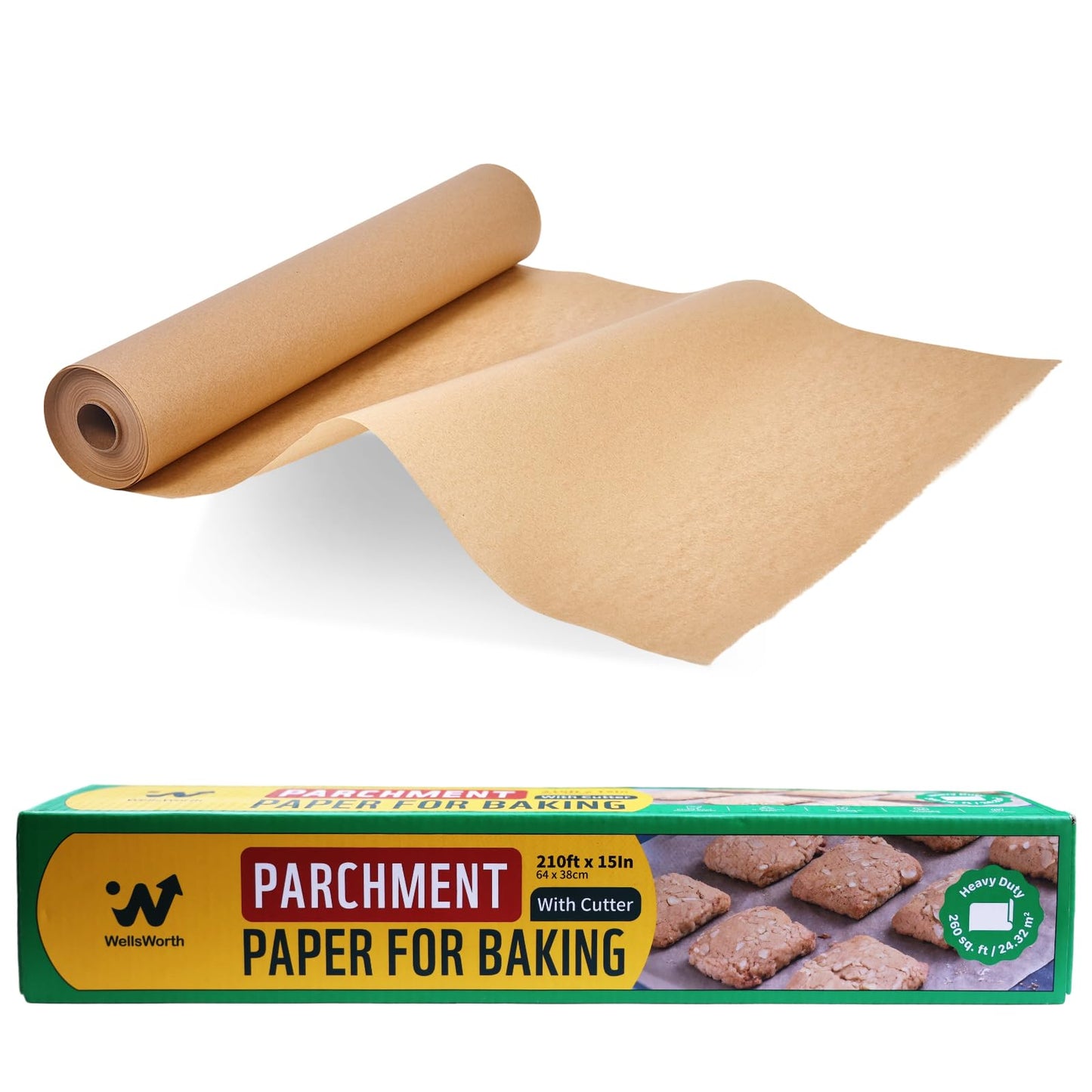 Unbleached Parchment Paper Roll, 15 in x 210 ft Unbleached Non-Stick Baking Paper, Heat Resistant & Food Grade Brown Parchment for Baking, Oven, Cooking, Grilling, Air Fryer