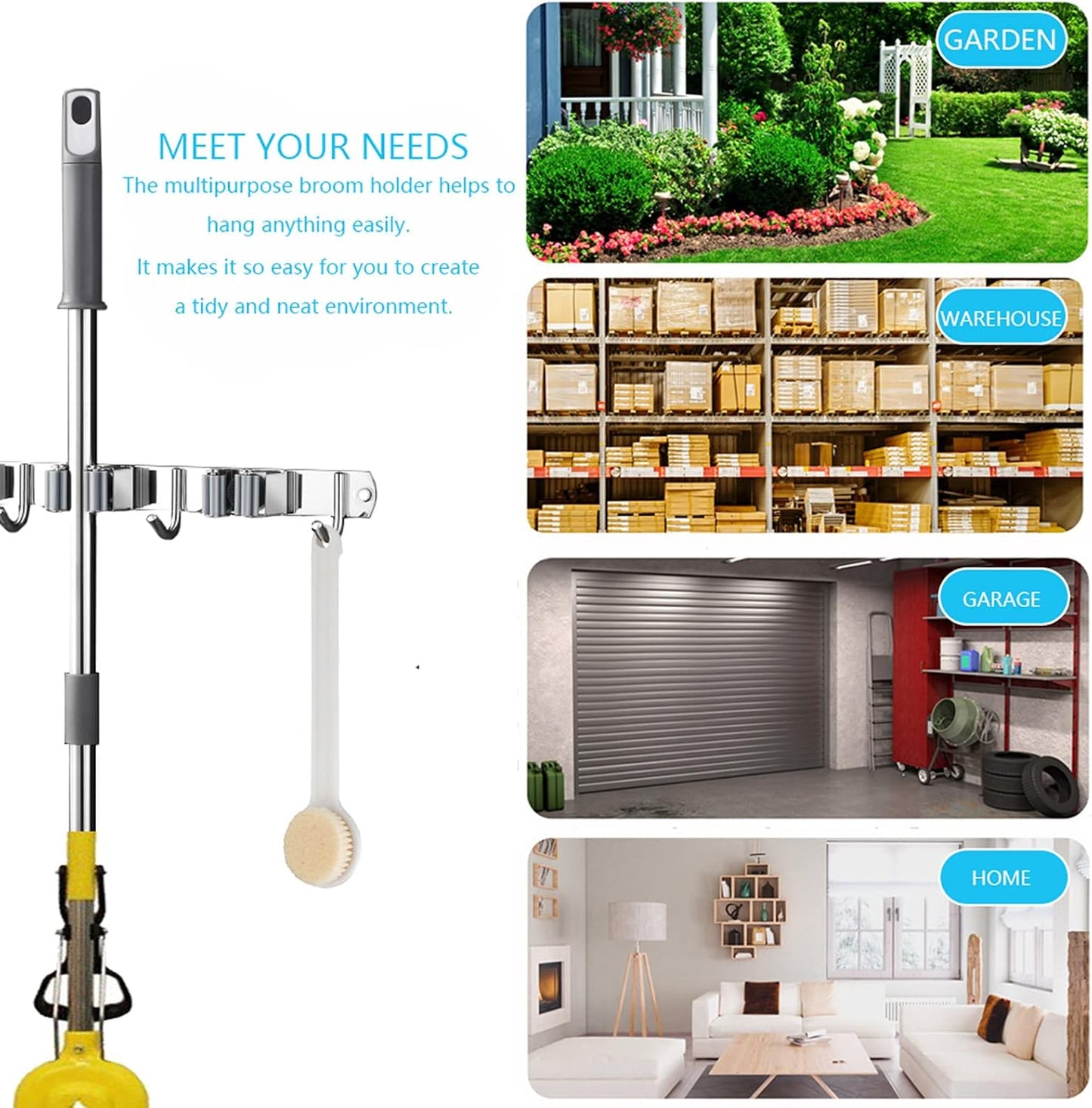 Stainless Steel Broom and Mop Holder | Wall Mounted Storage Rack with 2 Racks & 3 Hooks