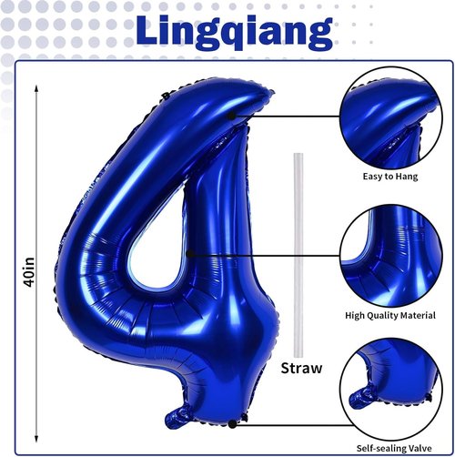 Foil Balloon Number 4 by [Brand Name] - 40'' Giant Self-Inflating Dark Blue Helium Balloon for 4th Birthday Celebrations