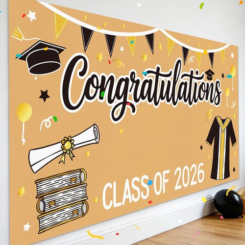 2026 Graduation Decorations | Black and Gold DIY Banner - 61 x 32 Inch Congrats Backdrop