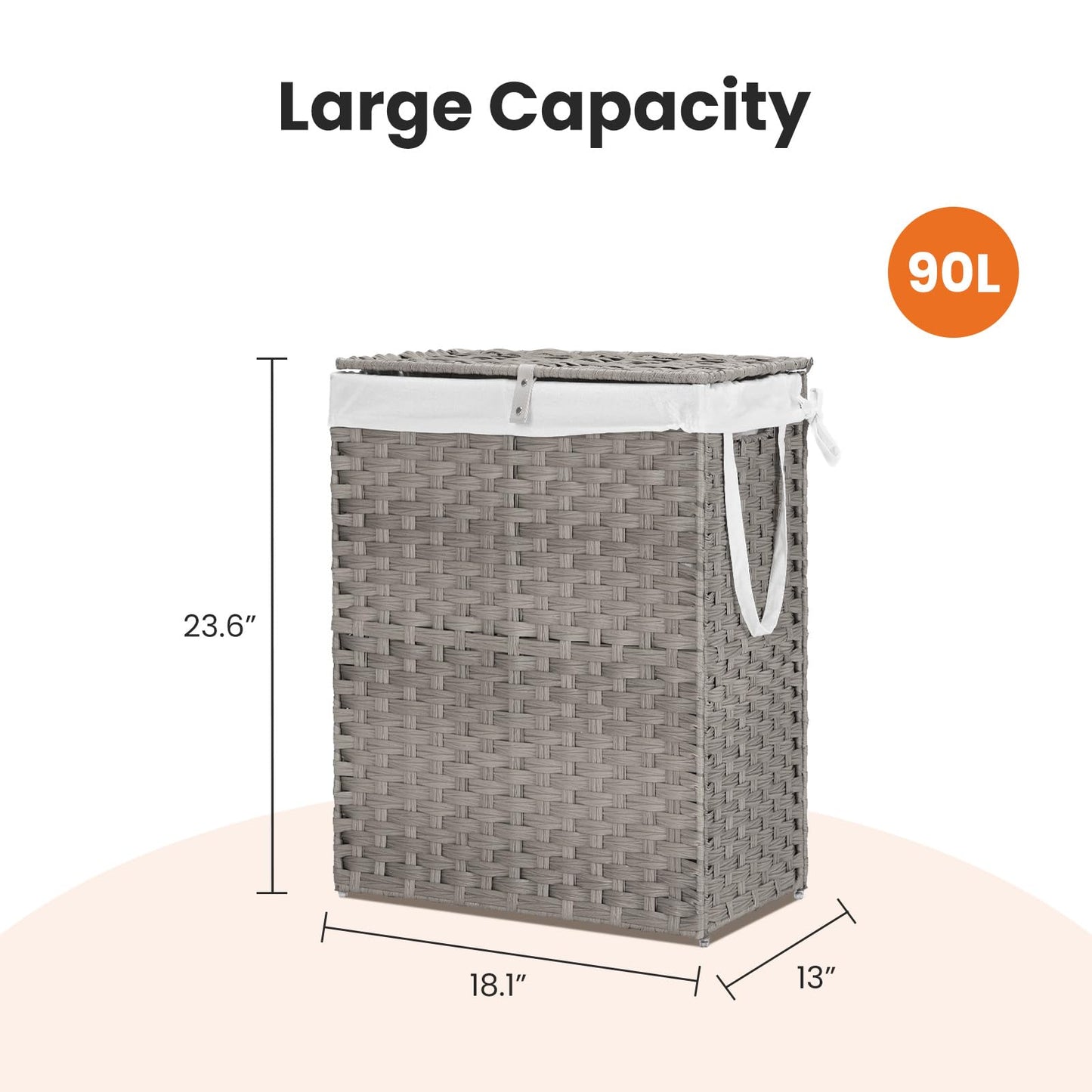 Elevon 90L Laundry Basket with Lid, Hand-Woven Pp Rattan Laundry Hamper with Compartments & Handles, Foldable, Large Capacity Clothes Basket with Removable Liner for Bathroom, Light Gray