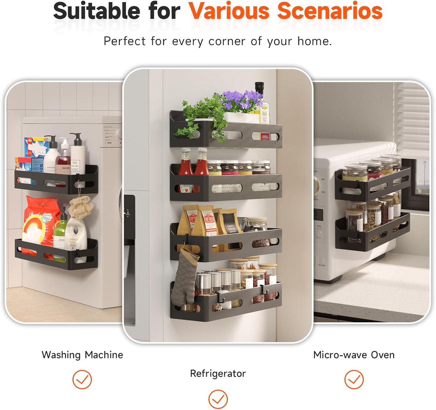 Sevenblue Magnetic Spice Rack - 4 Pack Strong Magnetic Shelf with Hooks for Kitchen & Bathroom Organization - Black
