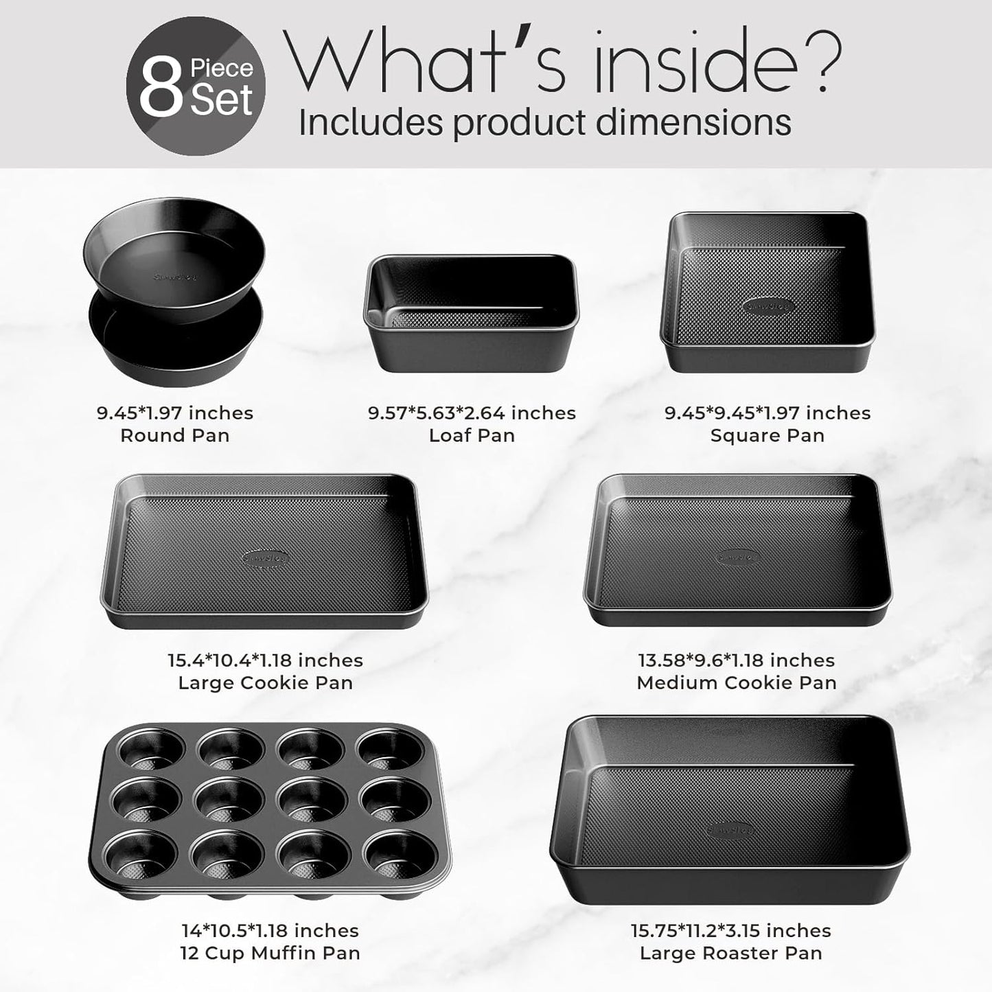 Skiennix Nonstick Baking Pans Set - 8-Piece Stackable Bakeware Set | Non-Toxic Oven Pans in Black