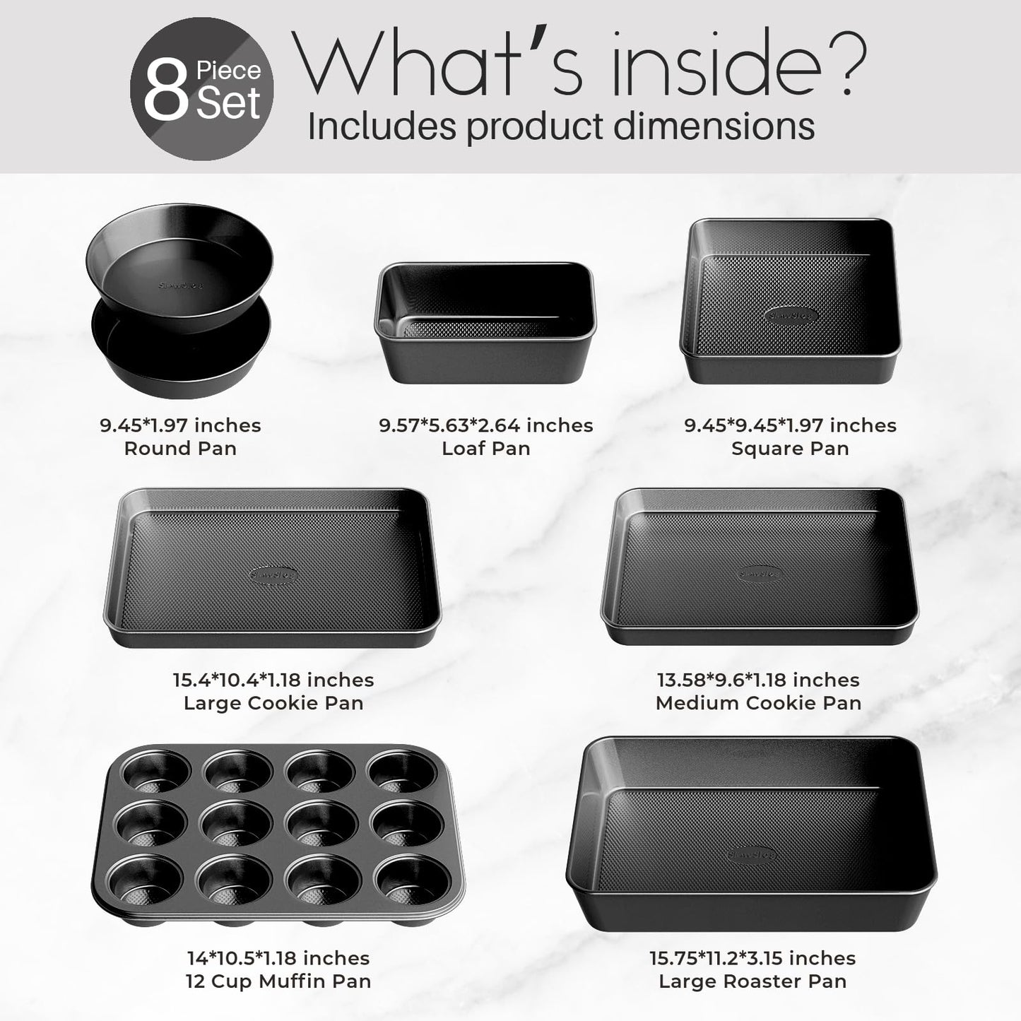 Slow Slog Nonstick Baking Pans Set, 8-Piece Stackable Bakeware Sets, Non-Toxic Oven Pan Set, Includes Baking Sheet, Cake Pan, Muffin Pan, Loaf Pan, Square Pan, Cookie Sheet & Roasting Pan, Black