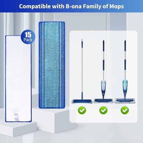 Bona Microfiber Mop Pads - 15-Pack Washable Reusable Refills for Hardwood, Tile & Multi-Surface Floors | Pet Hair & Stain Removal