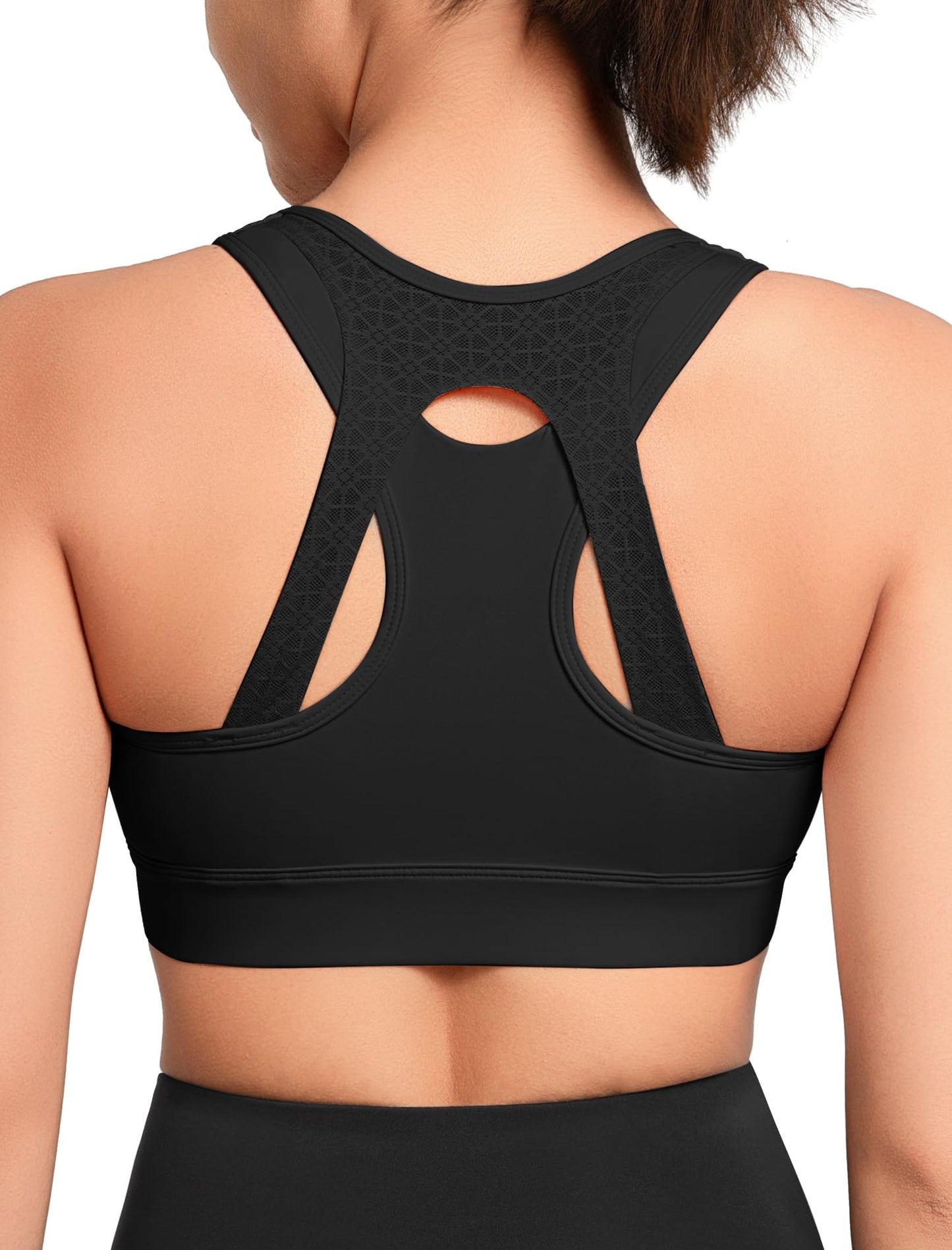 Yvette High Impact Sports Bras for Women Front Zip Supportive Running Bras for Large Bust Plus Size, Black, M