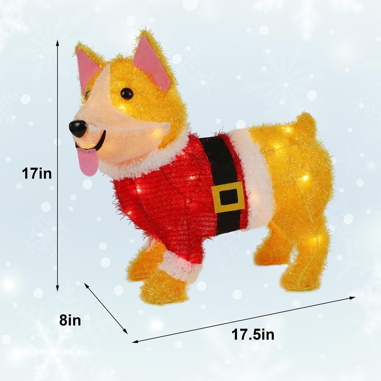 WATERGLIDE 17-Inch Lighted Christmas Dog Decoration - Pre-Lit 3D Tinsel Puppy for Indoor & Outdoor Holiday Decor