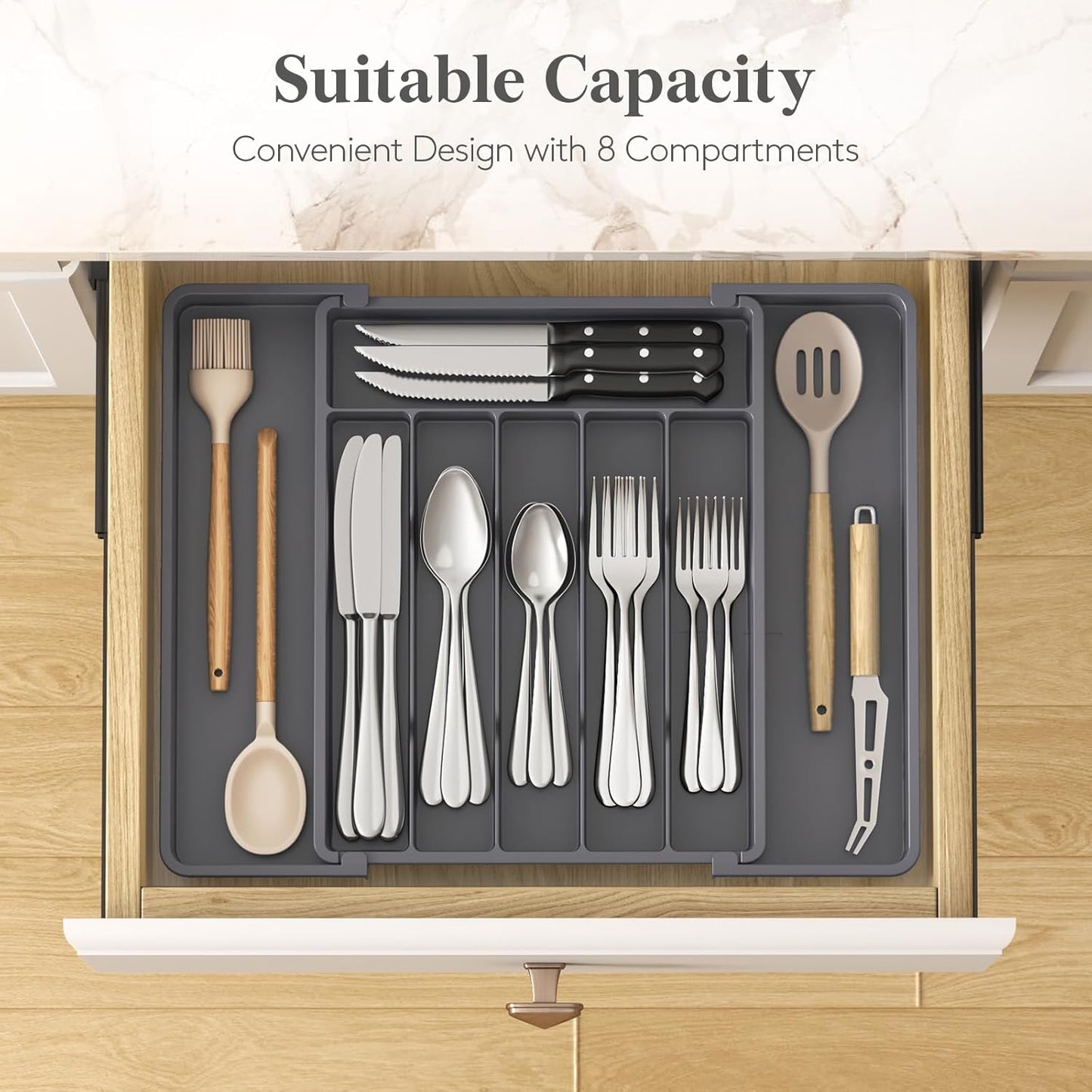 Lifewit Expandable Silverware Drawer Organizer - BPA-Free Utensil Tray for Kitchen | Adjustable Storage, Dark Grey (10.9"-17.5" x 13.7")