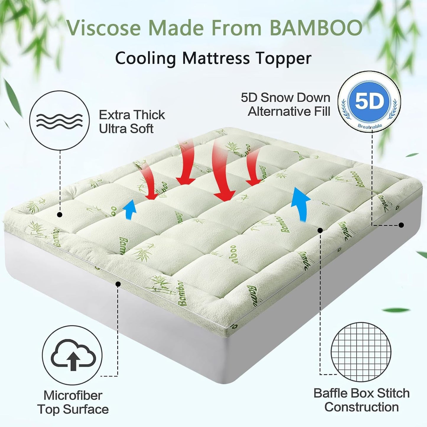 PATSBA King Size Mattress Topper - Premium Viscose Bamboo for Back Pain Relief | Extra Thick 1200 GSM Pillow Top, Deep Pocket Up to 21 Inches (78x80 Inch)