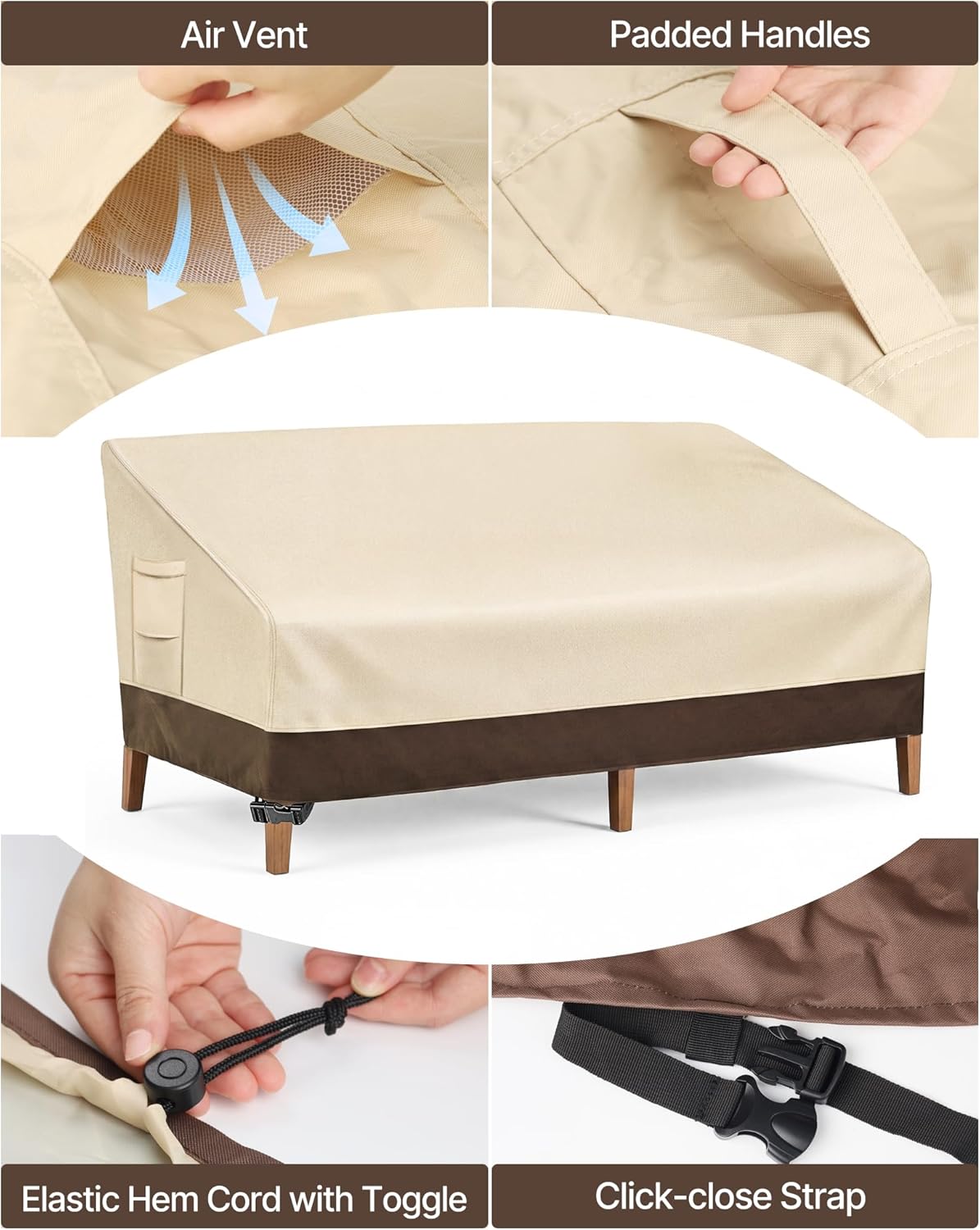 Vailge Heavy Duty Patio Sofa Cover - 100% Waterproof 3-Seater Outdoor Protection | 85" W x 37" D x 35" H, Beige & Brown