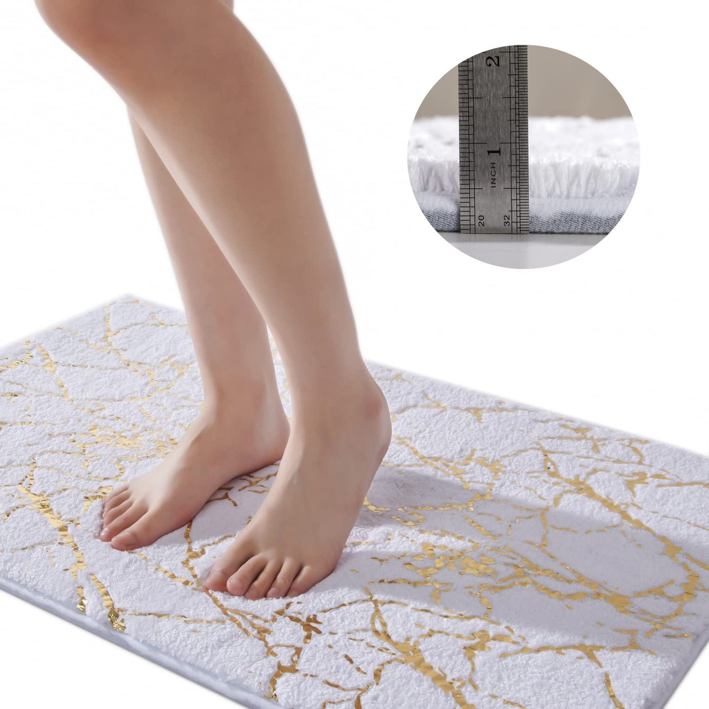 QJHOMO Marble Bathroom Runner Rug Gold Decor Long Bathroom Rugs White Bath Mat Non Slip Super Absorbent Bathmat Machine Washable Floor Carpet for Tub, Shower, Bedroom (24x48 inch)