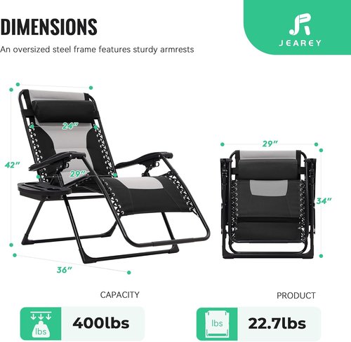 JEAREY Oversized Padded Zero Gravity Chair - Comfortable Folding Lounge Chair with Headrest, Cup Holder & Side Tray | Black/Gray