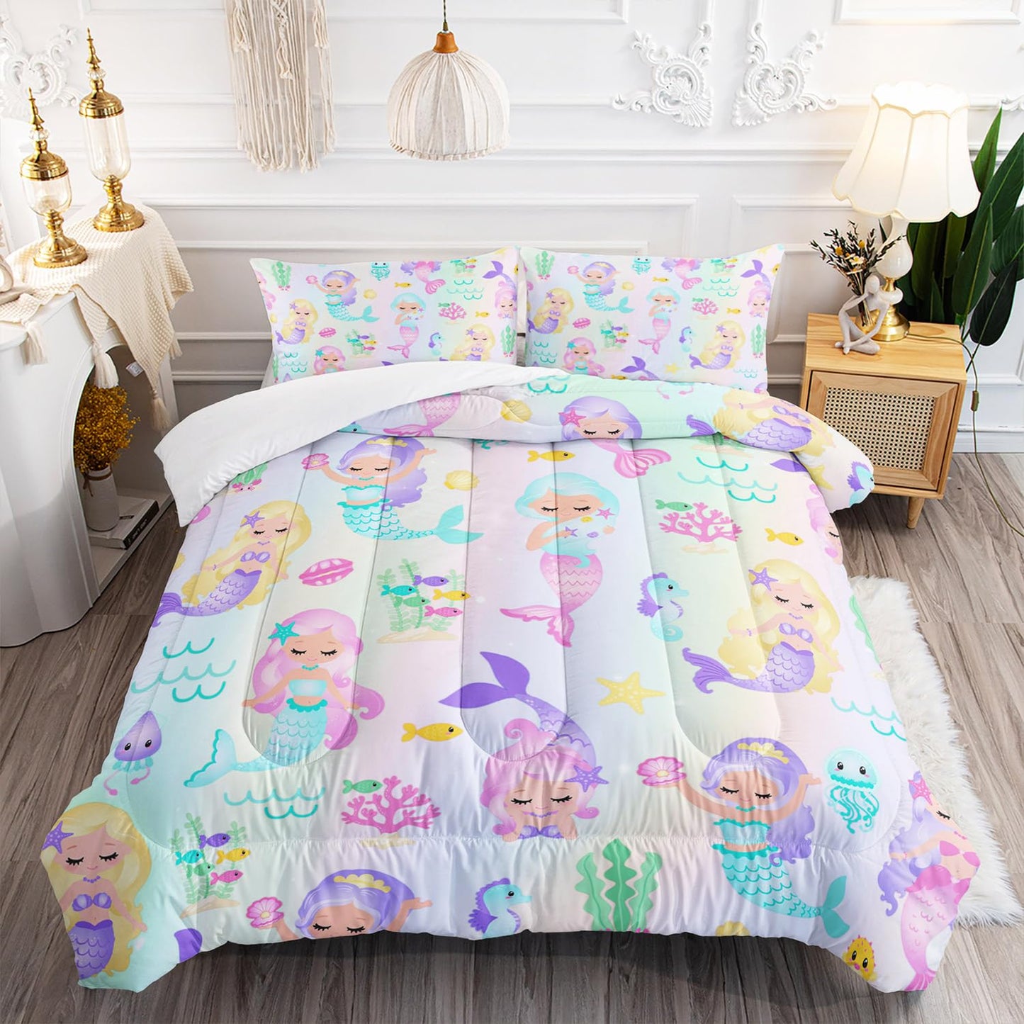 XYNHML Rainbow Mermaid Comforter Set Twin/Full/Queen Size Fairy Tale Sea Shell Grass Bedding Set Starfish Jellyfish Quilt Bed Set for Kid Girls with 1 Comforter and 2 Pillowcases