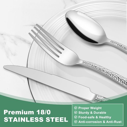 Hammered Silverware Set, 40-Piece Stainless Steel Wave Flatware Set for 8, Food-Grade Tableware Cutlery Set, Utensil Sets for Home Restaurant, Mirror Finish, Dishwasher Safe