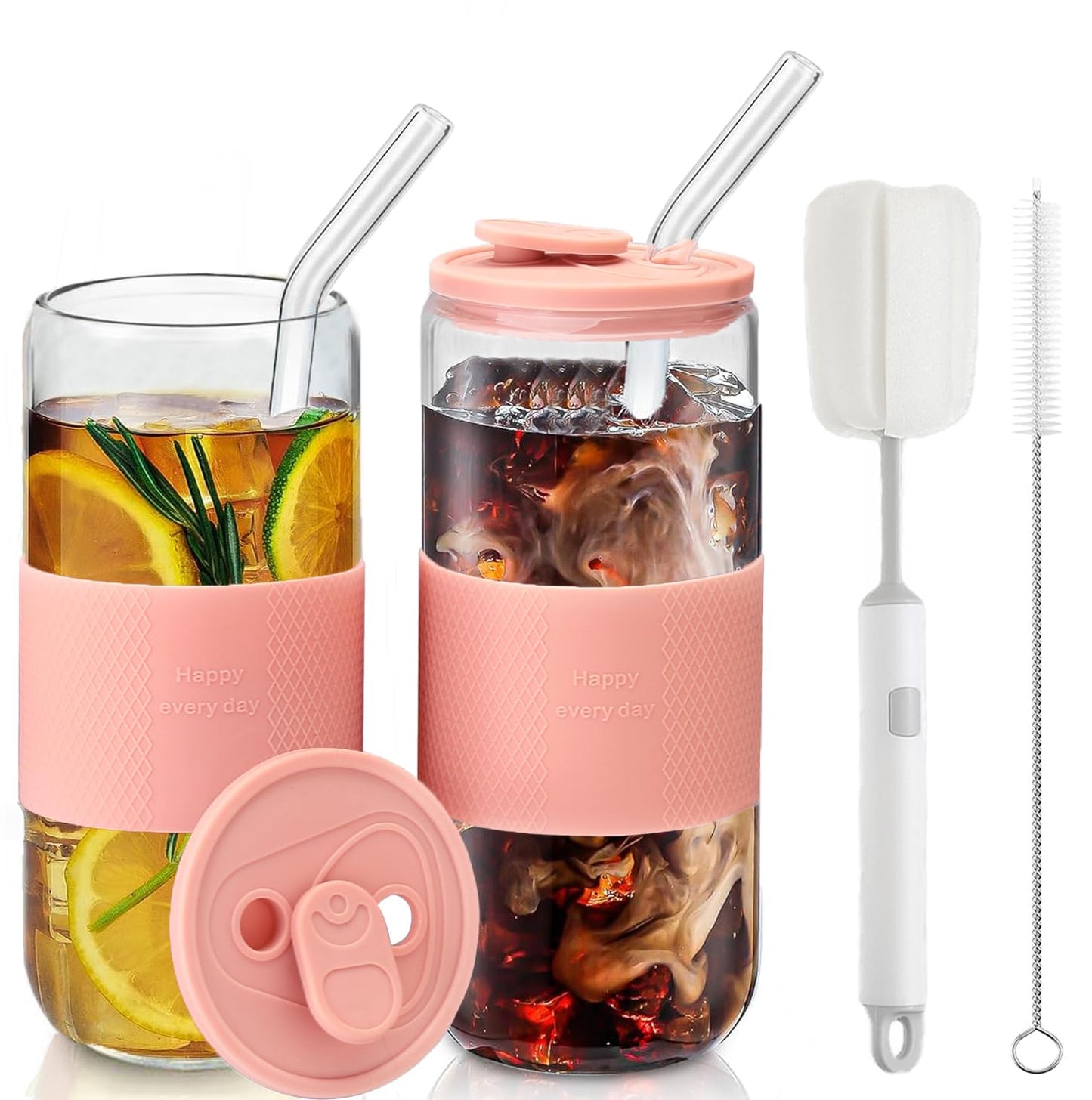 ASANMEYO 20oz Can Shaped Glass Cups with Silicone Lids and Glass Straw, 2PCS Drinking Glasses with Lids and Straws, and Silicone Sleeves, Beer Glasses, Iced Coffee Cups, Soda, Gift - Pink